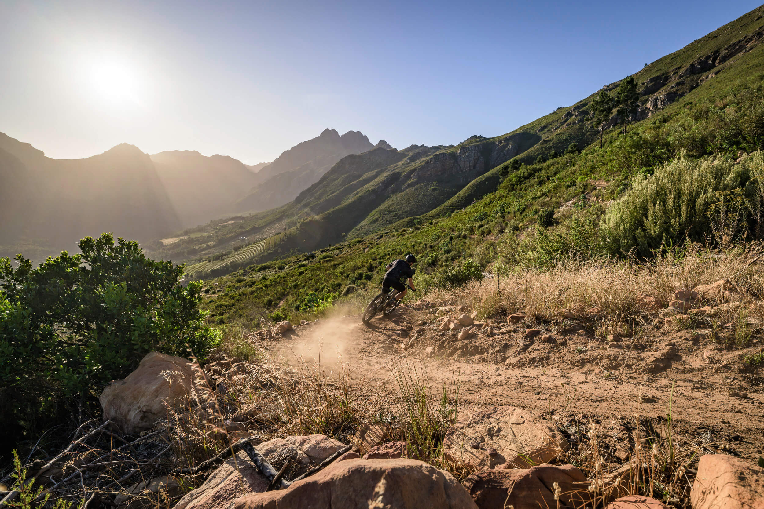 Adventure activities in Cape Town: mountain bikers on Stellenbosch trails with mountain views